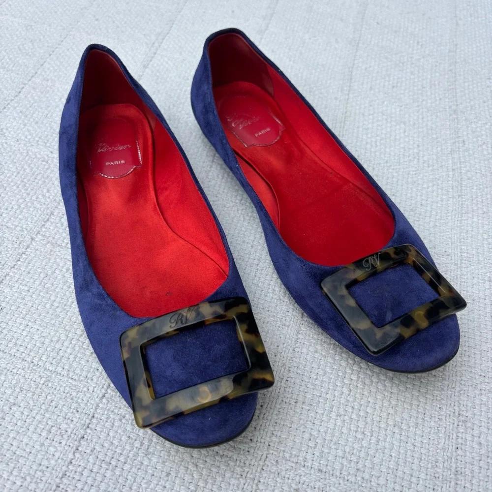 Women's 38.5 ROGER VIVIER Paris Grommette Purple Blue Tortoise Shell Suede Flats